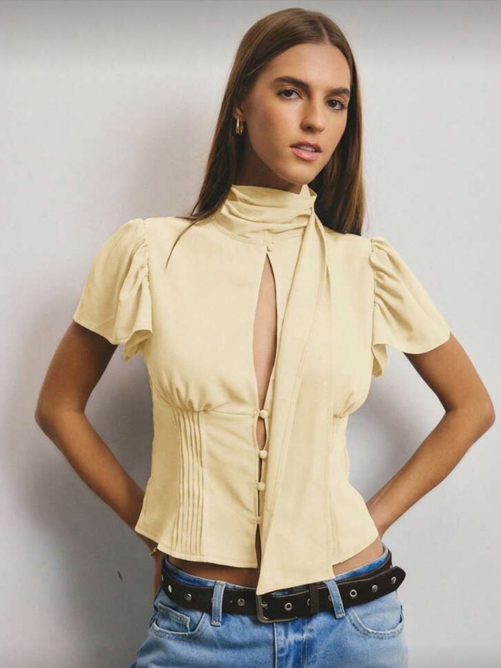 SHEIN Cream Short-Sleeve Tie-Front Blouse